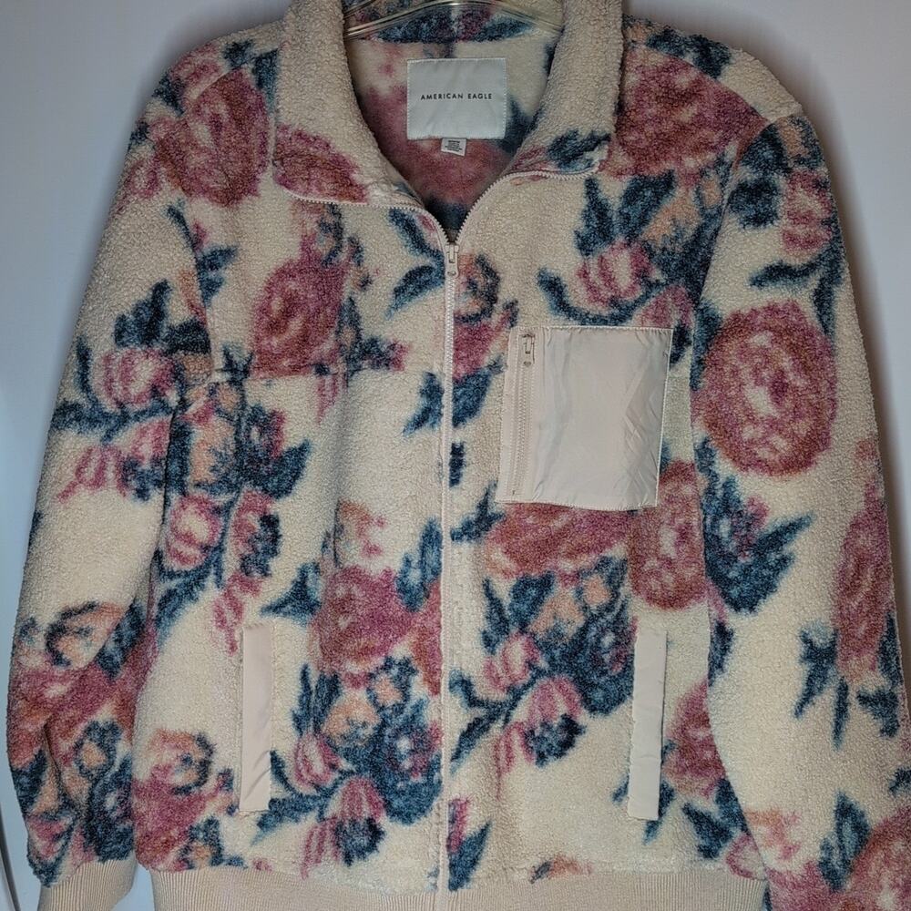 NWT American Eagle Floral Sherpa Jacket Mens M Fleece Full Zip Rose Cream Gorpco